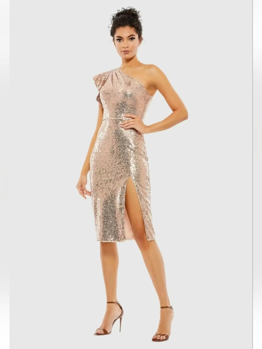 Mac Duggal One-Shoulder Sequin Midi Dress